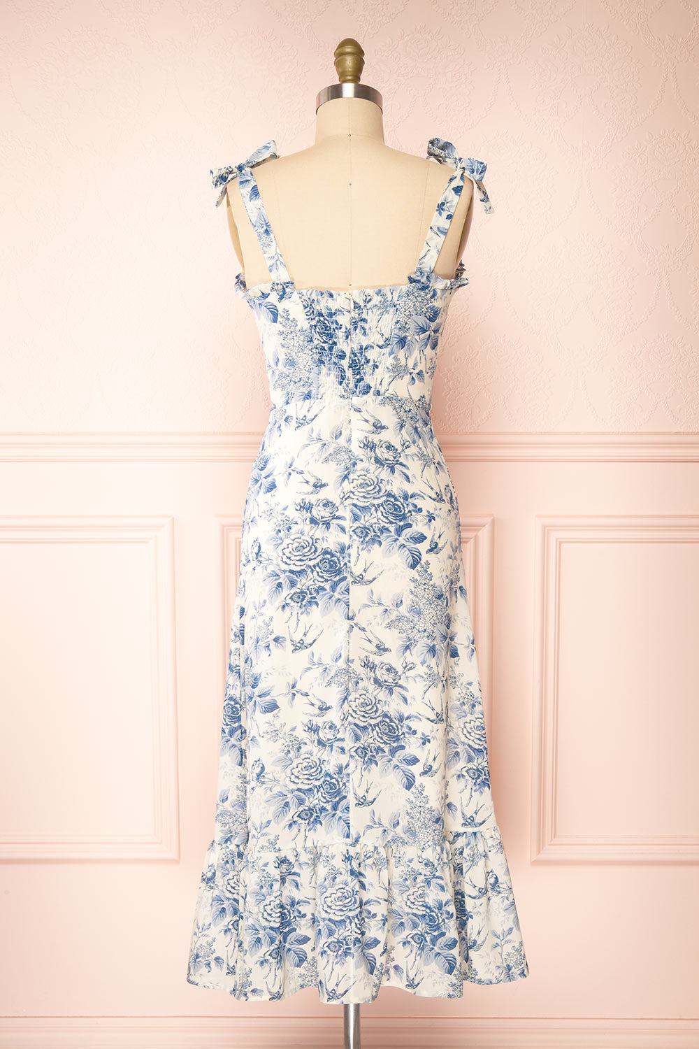 Pinga Tie Strap Floral Midi Dress w/ Ruffles | Boutique 1861 back view 