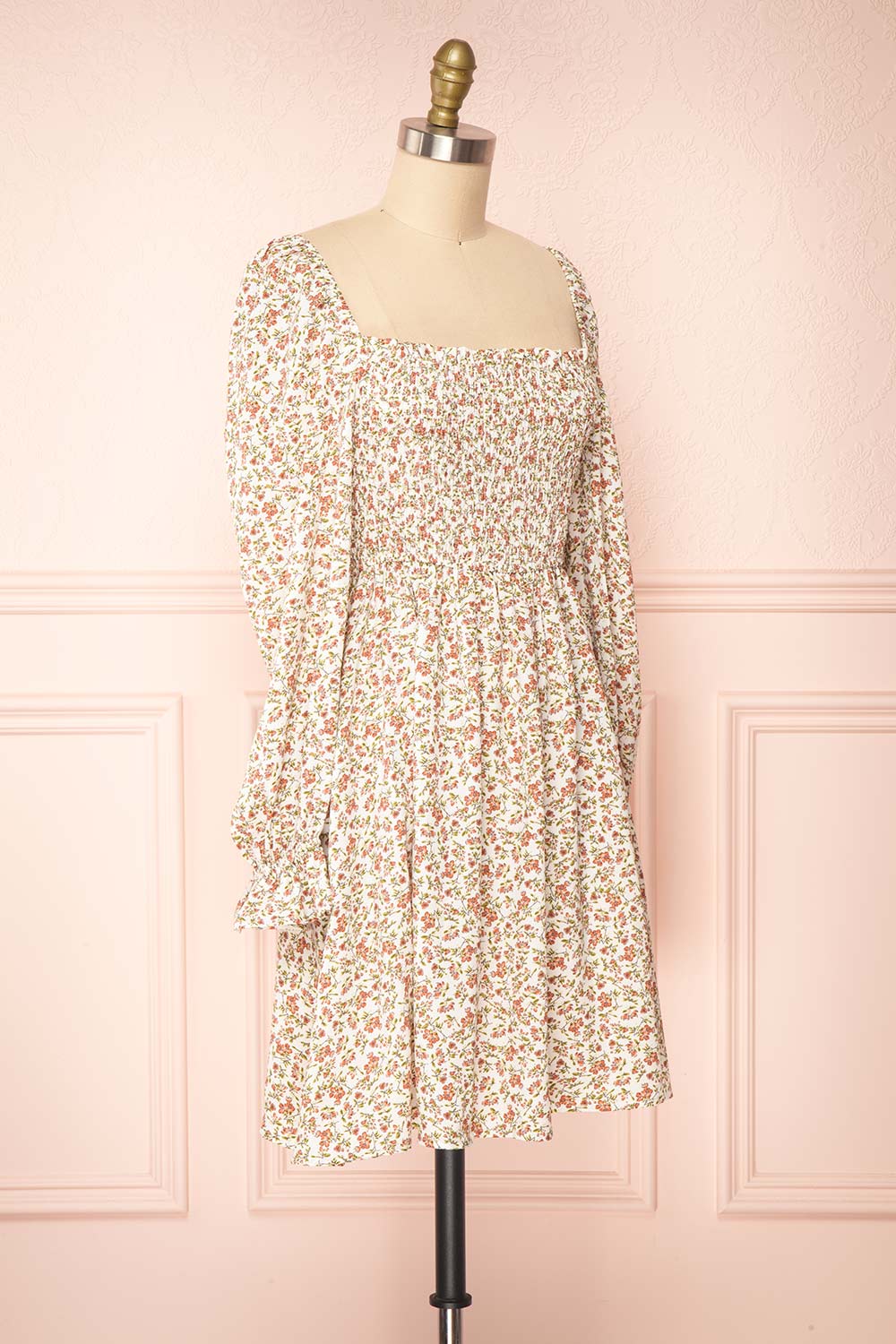 Pirkko White Long Sleeve Floral Short Dress | Boutique 1861  side view 