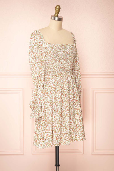 Pirkko White Long Sleeve Floral Short Dress | Boutique 1861  side view