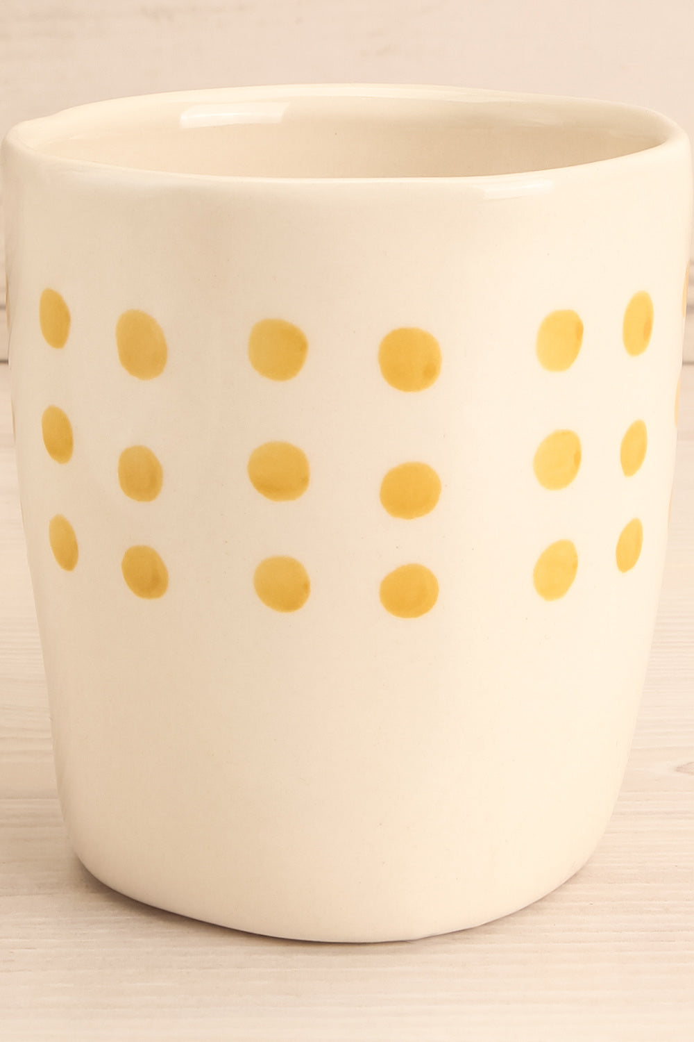  Pirouette White & Yellow Polkadot Ceramic Cup front close-up | La Petite Garçonne