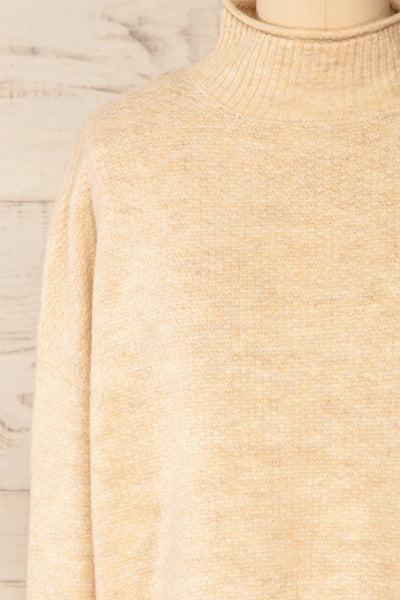 Pori Beige Soft Knit Mock Neck Sweater | La petite garçonne front close-up