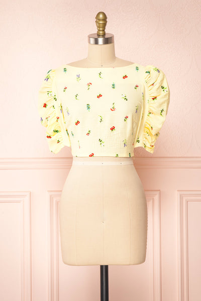 Portia Yellow Floral Puffy Sleeve Crop Top | Boutique 1861 front view