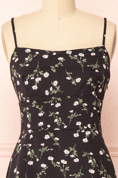 Protis Black Short Chiffon Floral Dress | Boutique 1861 front close-up
