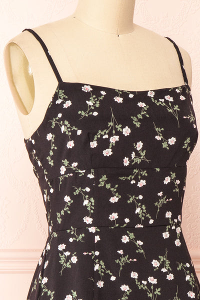 Protis Black Short Chiffon Floral Dress | Boutique 1861 side close-up