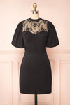 Prilly Short Black Dress w/ Lace Neckline | Boutique 1861 front view