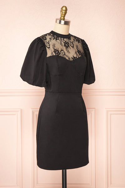 Prilly Short Black Dress w/ Lace Neckline | Boutique 1861 side view