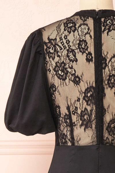 Prilly Short Black Dress w/ Lace Neckline | Boutique 1861 back close-up
