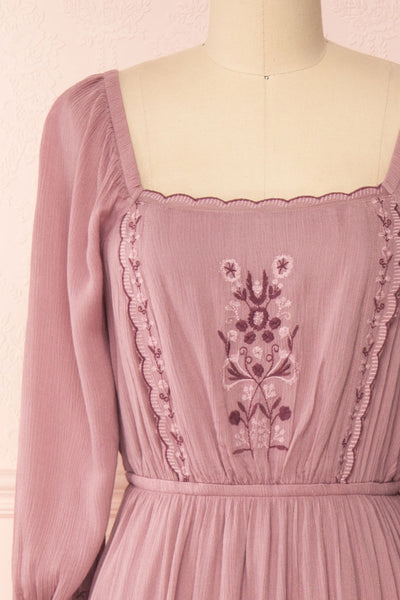 Priscan Mauve Floral Embroidered Maxi Dress | La petite garçonne front close-up