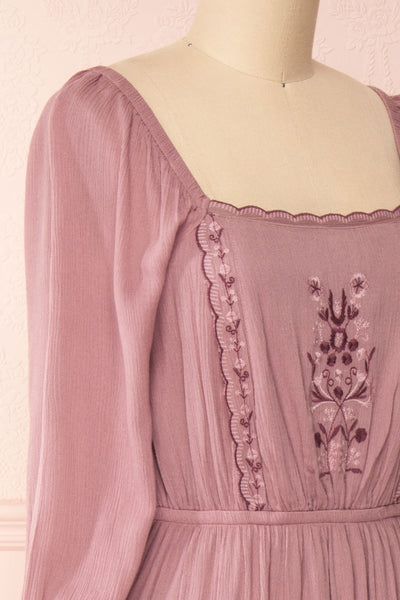 Priscan Mauve Floral Embroidered Maxi Dress | La petite garçonne side close-up