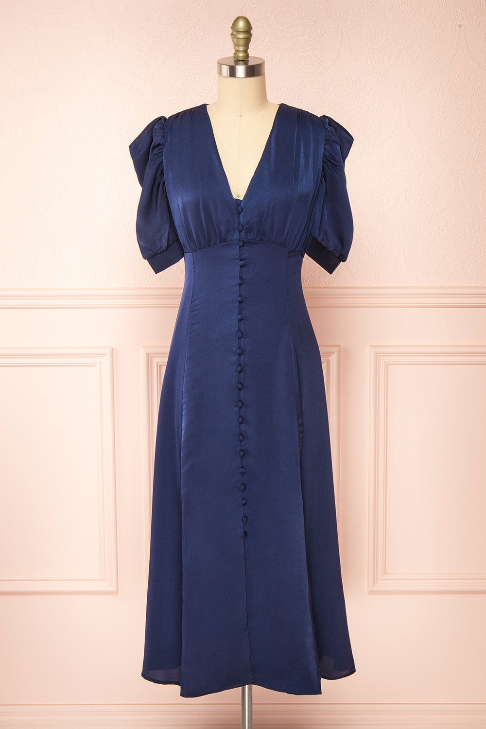Priscilla Navy Midi Button-Up V-Neck Satin Dress | Boutique 1861 front view