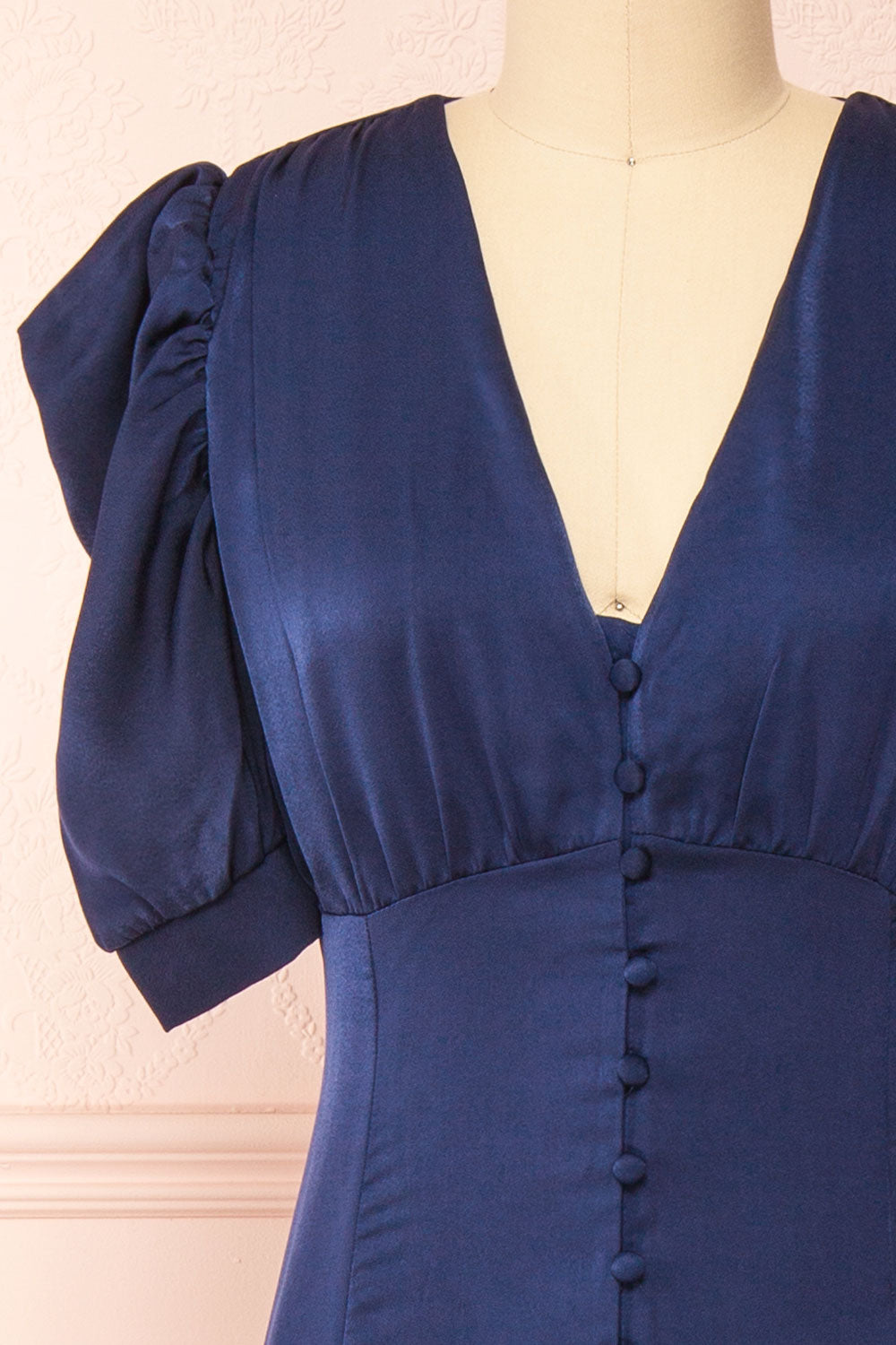 Priscilla Navy Midi Button-Up V-Neck Satin Dress | Boutique 1861 front close-up