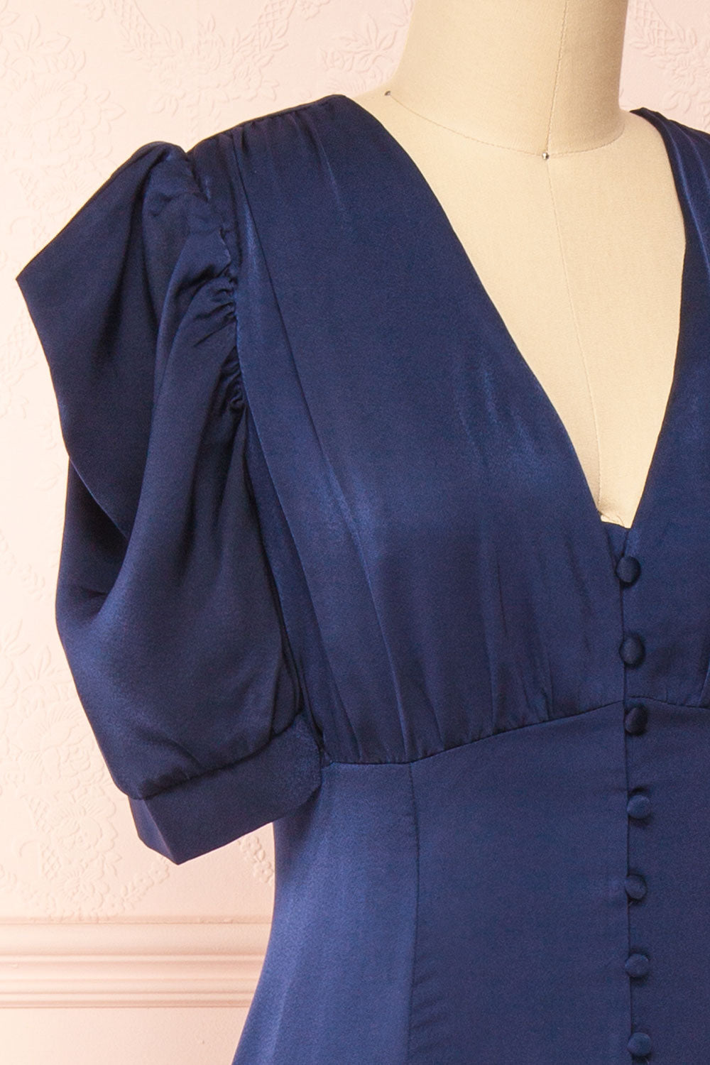 Priscilla Navy Midi Button-Up V-Neck Satin Dress | Boutique 1861 side close-up