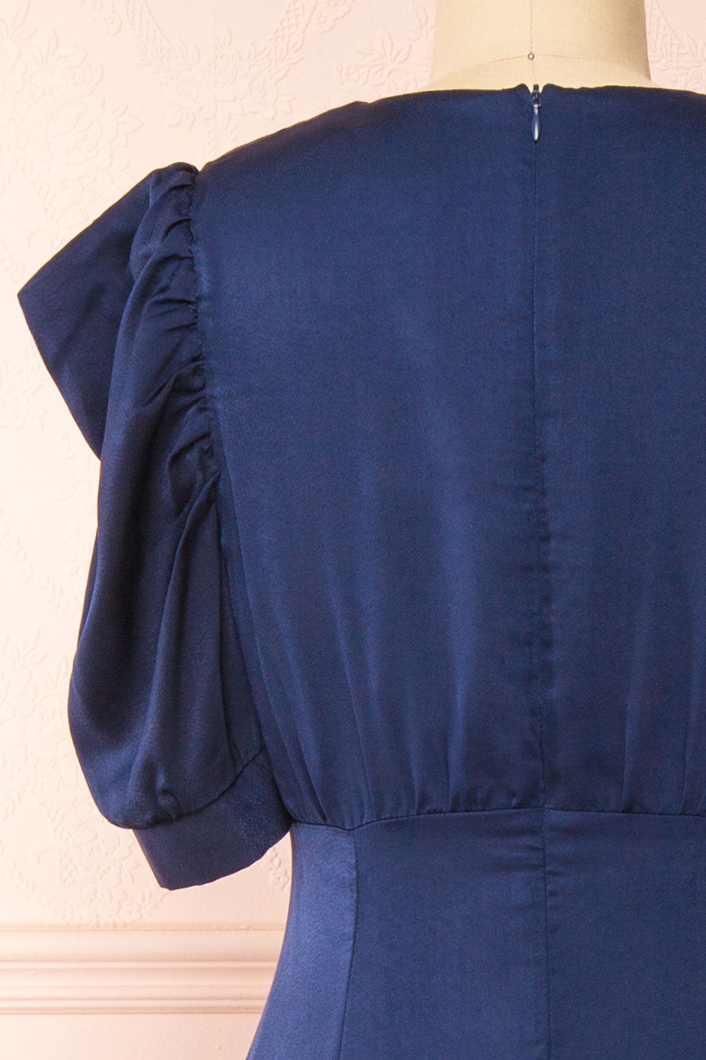 Priscilla Navy Midi Button-Up V-Neck Satin Dress | Boutique 1861 back close-up