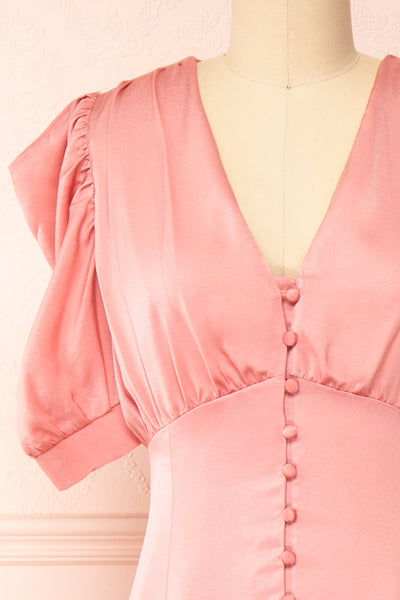 Priscilla Pink Midi Button-Up V-Neck Satin Dress | Boutique 1861 front close-up