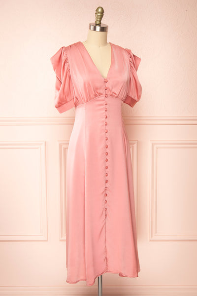 Priscilla Pink Midi Button-Up V-Neck Satin Dress | Boutique 1861 side view