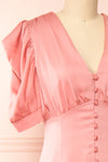 Priscilla Pink Midi Button-Up V-Neck Satin Dress | Boutique 1861 side close-up