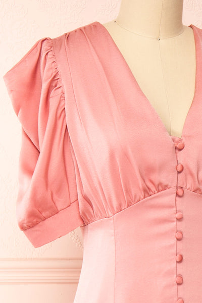 Priscilla Pink Midi Button-Up V-Neck Satin Dress | Boutique 1861 side close-up