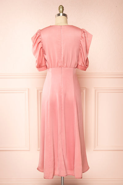 Priscilla Pink Midi Button-Up V-Neck Satin Dress | Boutique 1861 back view