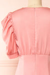 Priscilla Pink Midi Button-Up V-Neck Satin Dress | Boutique 1861 back close-up
