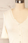 Pronoia Beige Ribbed Crop Top w/ Short Sleeves | La petite garçonne front close up