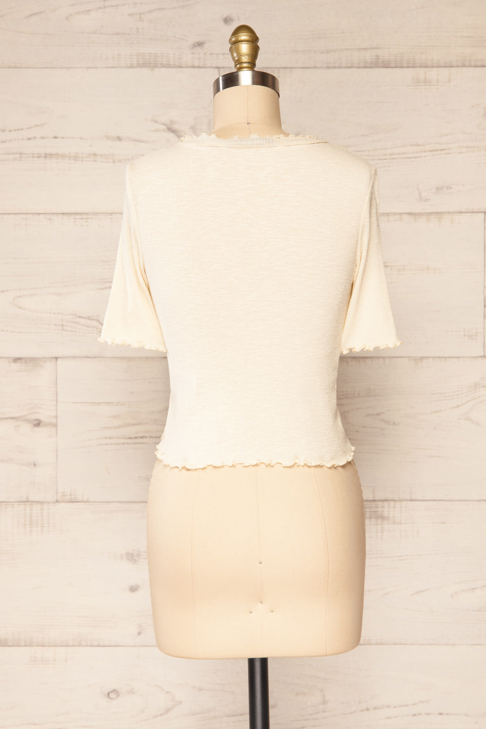 Pronoia Beige Ribbed Crop Top w/ Short Sleeves | La petite garçonne back view