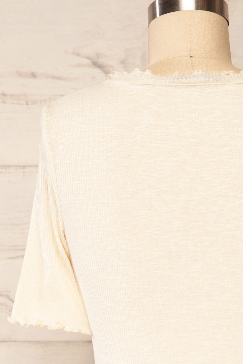 Pronoia Beige Ribbed Crop Top w/ Short Sleeves | La petite garçonne back close up