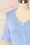 Pronoia Blue Ribbed Crop Top w/ Short Sleeves | La petite garçonne front close up