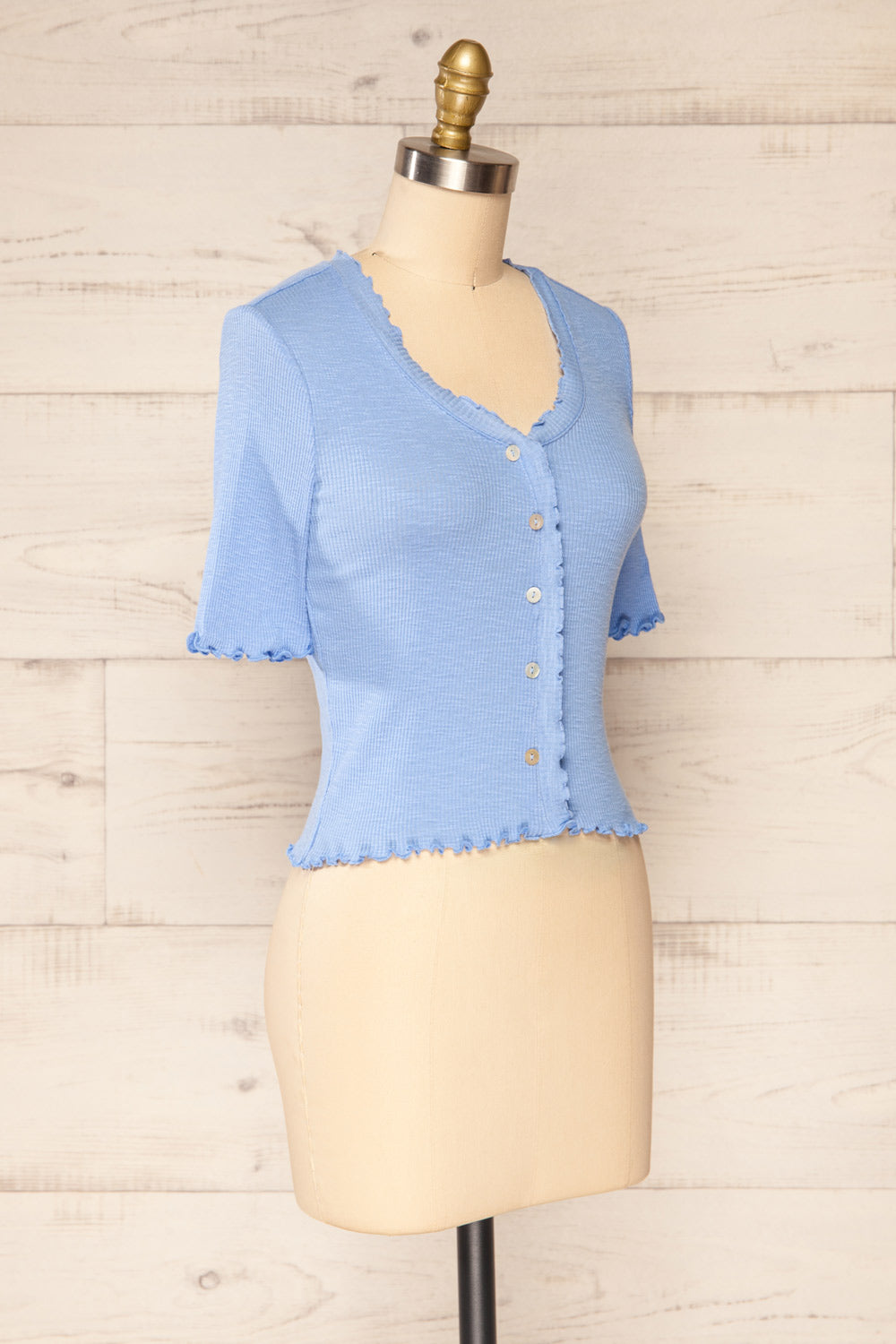 Pronoia Blue Ribbed Crop Top w/ Short Sleeves | La petite garçonne side view