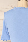 Pronoia Blue Ribbed Crop Top w/ Short Sleeves | La petite garçonne back close up