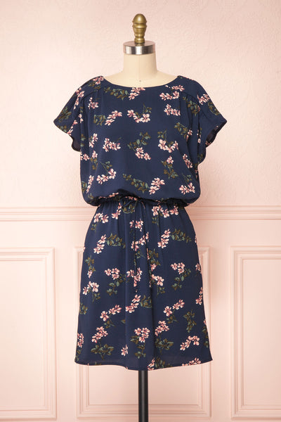 Proszowice Navy Floral Short Drawstring Dress | Boutique 1861 front view