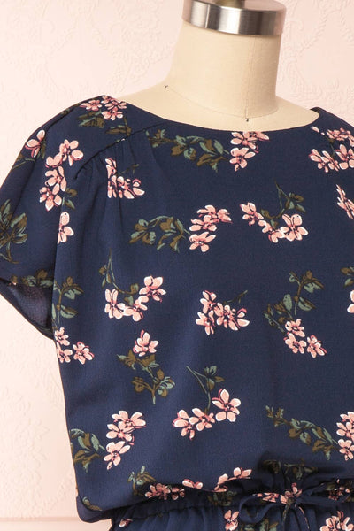 Proszowice Navy Floral Short Drawstring Dress | Boutique 1861 side close up