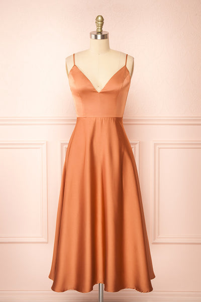 Prudence Rust Silky Midi Dress| Boutique 1861 front view