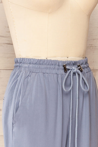 Puck Blue High-Waisted Drawstring Pants | La petite garçonne  side close up