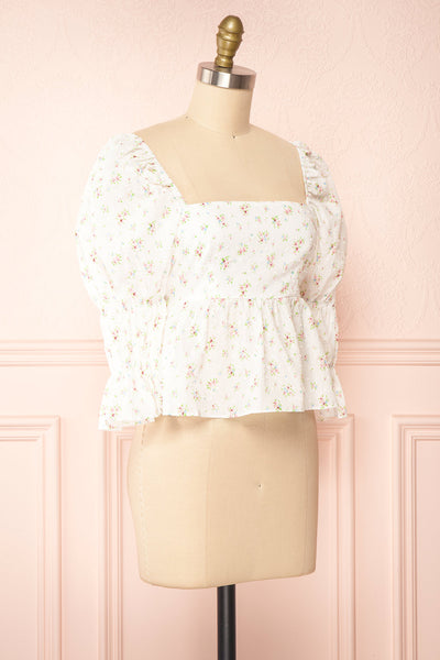 Qatayef White Puffy Sleeve Floral Crop Top | Boutique 1861 side view