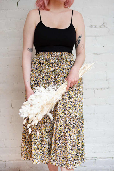 Herma Yellow Layered Floral Patterned Midi Skirt | Boutique 1861 on model