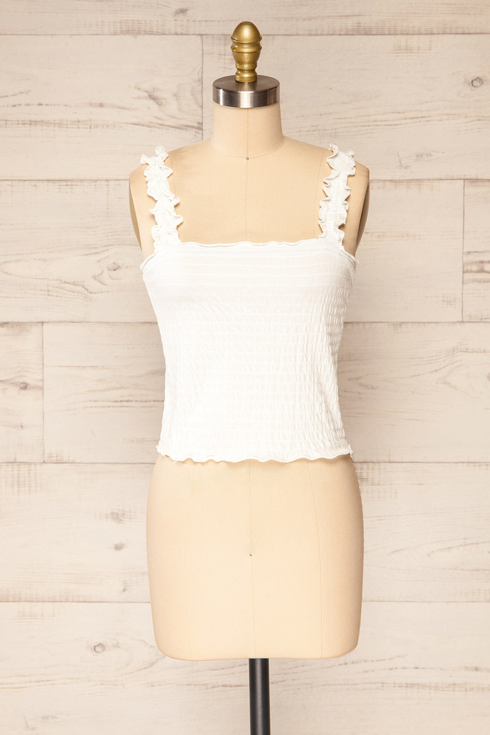 Raciaz White Crop Top with Ruffles | La petite garçonne front view 