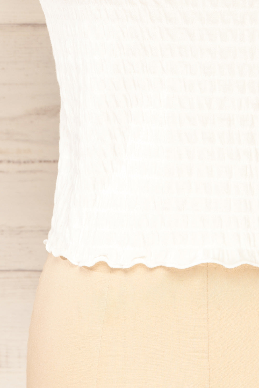 Raciaz White Crop Top with Ruffles | La petite garçonne bottom 