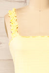 Raciaz Yellow Ruched Crop Top with Ruffles | La petite garçonne front close-up