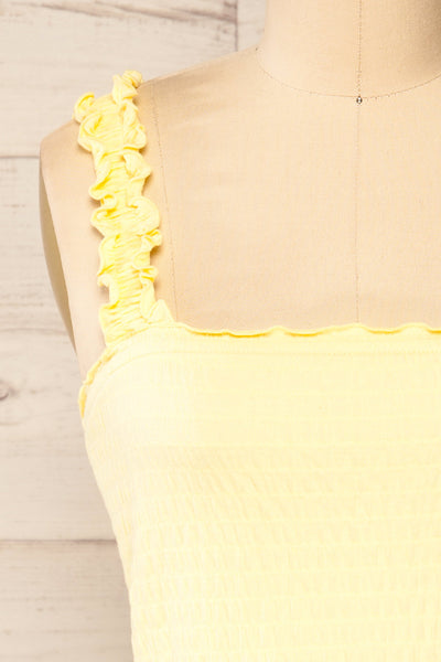 Raciaz Yellow Ruched Crop Top with Ruffles | La petite garçonne front close-up