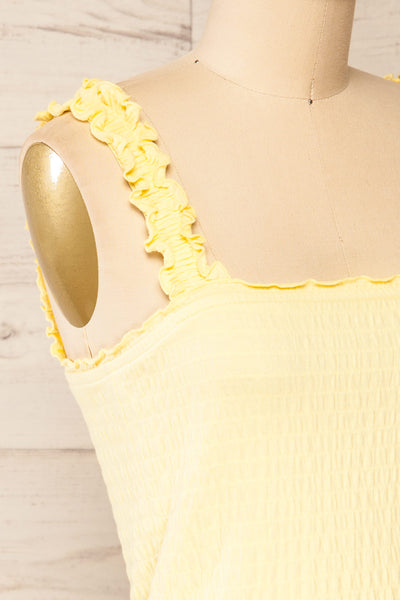 Raciaz Yellow Ruched Crop Top with Ruffles | La petite garçonne side close-up