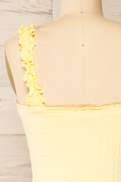 Raciaz Yellow Ruched Crop Top with Ruffles | La petite garçonne back close-up