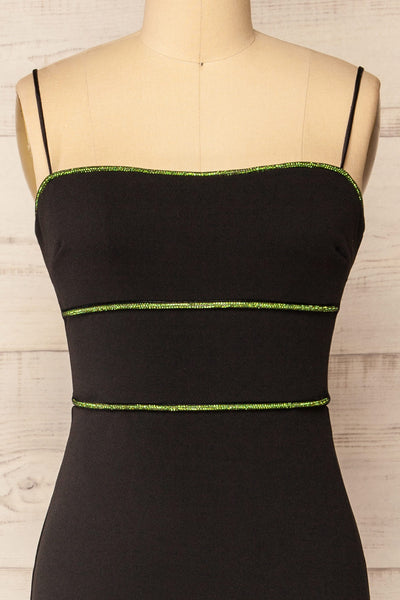 Raelyn Black Fitted Midi Dress w/ Rhinestone Detail | La petite garçonne front close-up