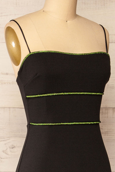 Raelyn Black Fitted Midi Dress w/ Rhinestone Detail | La petite garçonne side close-up