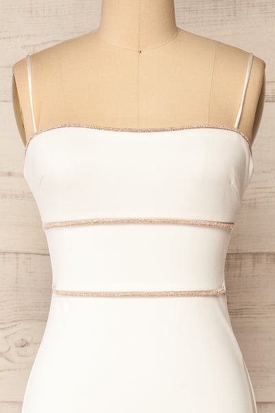 Raelyn White Fitted Midi Dress w/ Rhinestone Detail | La petite garçonne front close-up