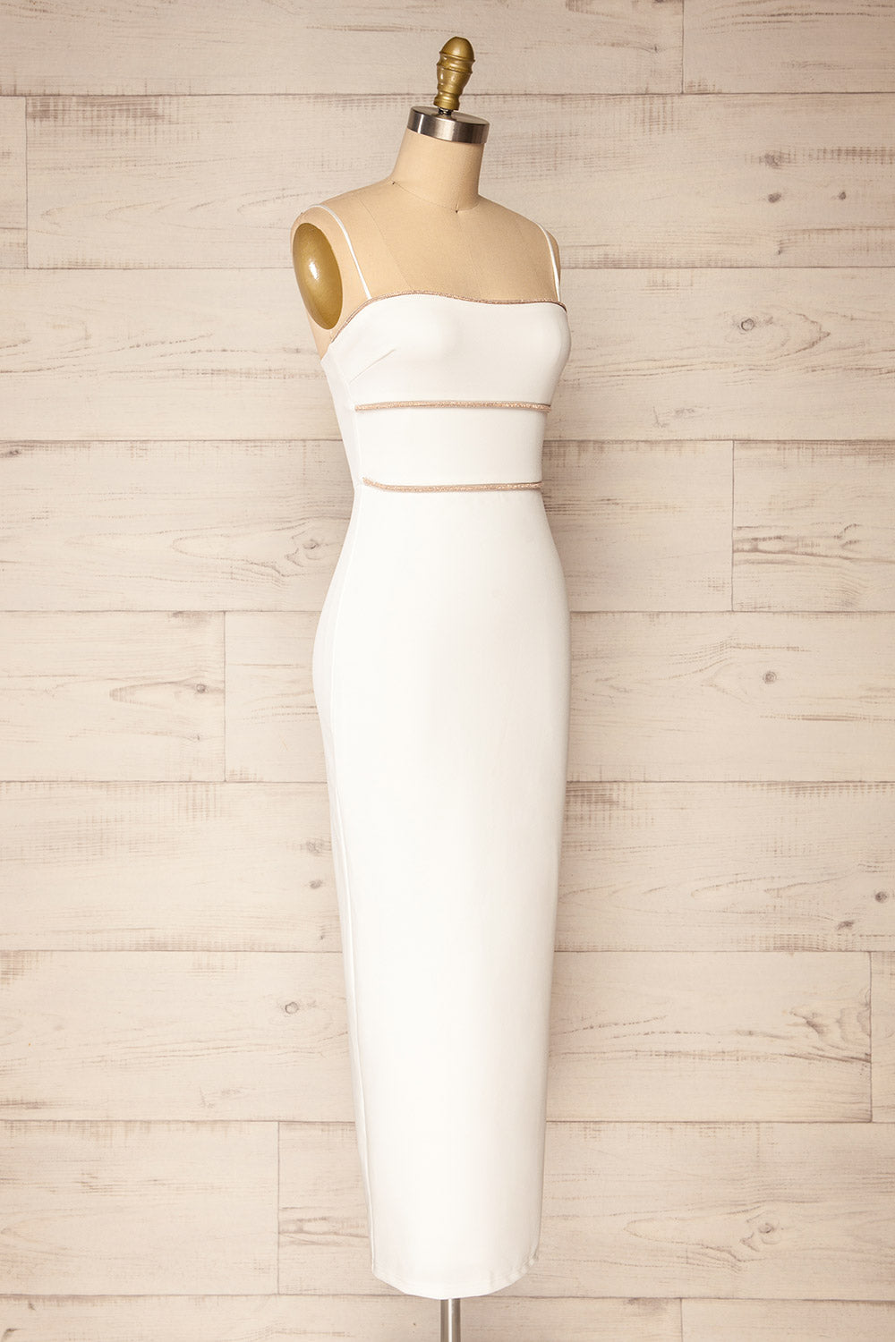 Raelyn White Fitted Midi Dress w/ Rhinestone Detail | La petite garçonne side view 