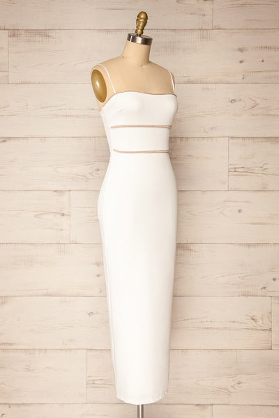 Raelyn White Fitted Midi Dress w/ Rhinestone Detail | La petite garçonne side view