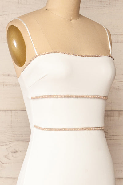 Raelyn White Fitted Midi Dress w/ Rhinestone Detail | La petite garçonne side close-up