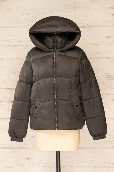 Rasdale Charcoal Short Puffer Coat | La petite garçonne  front view hood