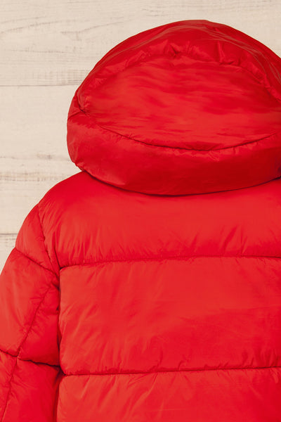 Rasdale Red Short Puffer Coat | La petite garçonne back close up hood