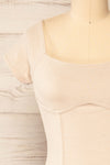Rawa Beige Short Sleeve Fitted Ribbed Dress | La petite garçonne front close-up
